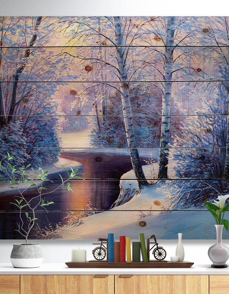 DesignQ Winter Forest in River Sunset - Landscapes Painting Print on Natural Pine Wood