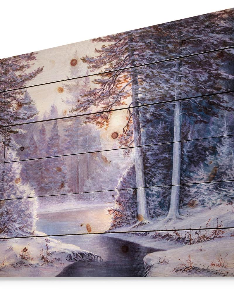 DesignQ Winter Forest With The River In Frosty Day - Landscapes Painting Print On Natural Pine Wood