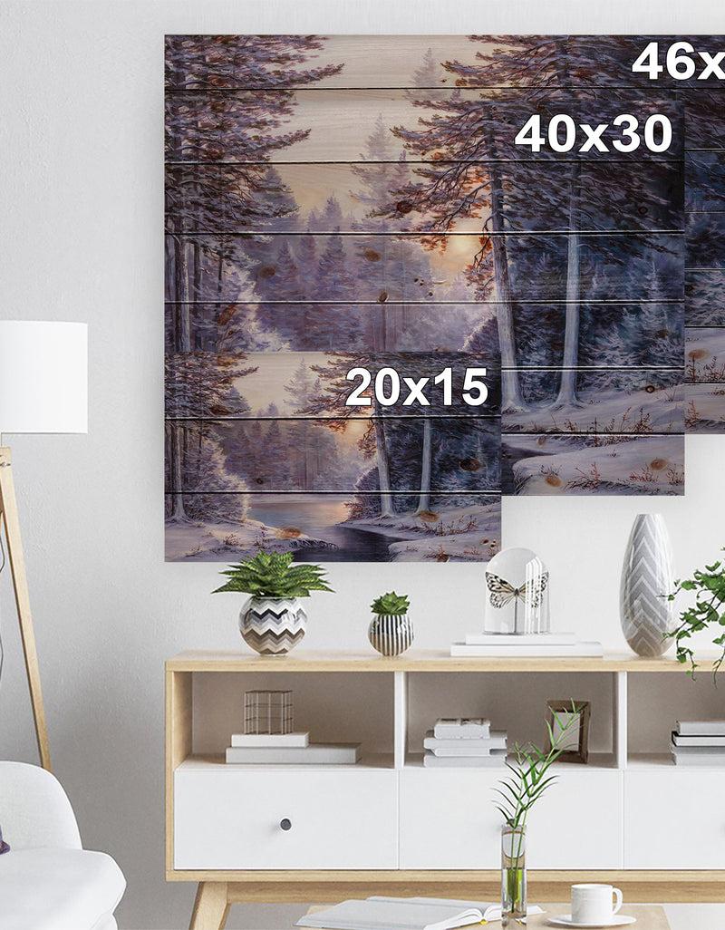 DesignQ Winter Forest With The River In Frosty Day - Landscapes Painting Print On Natural Pine Wood
