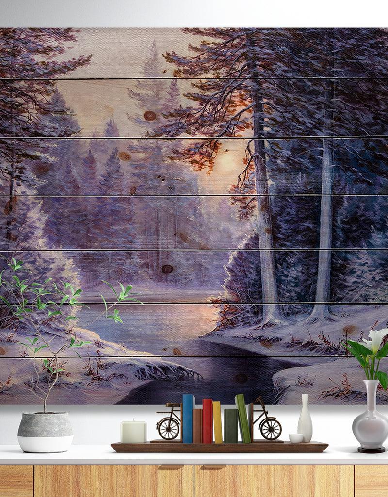 DesignQ Winter Forest with the River in Frosty Day - Landscapes Painting Print on Natural Pine Wood