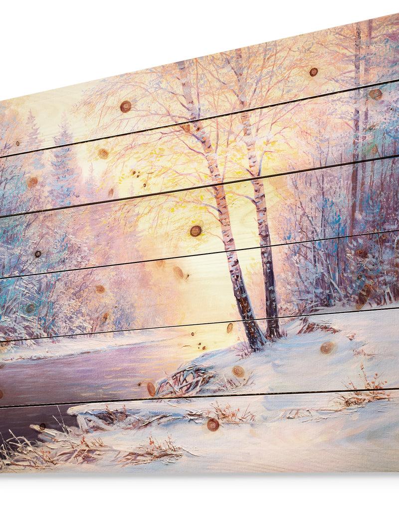 DesignQ Winter Landscape With A River - Landscapes Painting Print On Natural Pine Wood