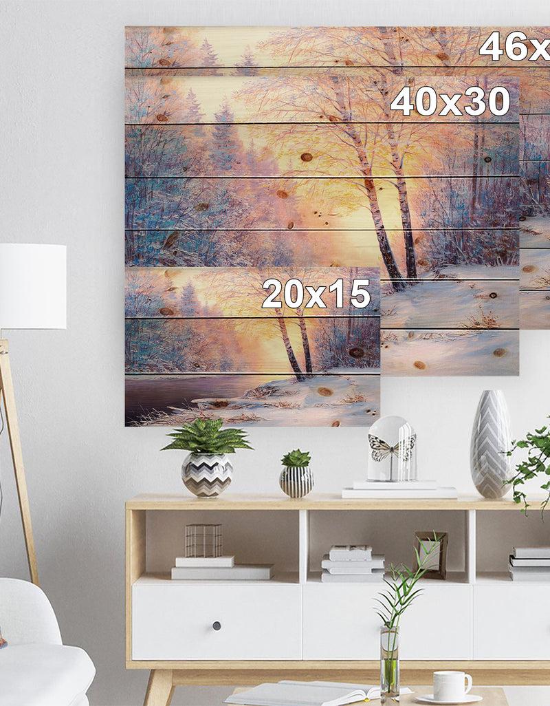 DesignQ Winter Landscape With A River - Landscapes Painting Print On Natural Pine Wood