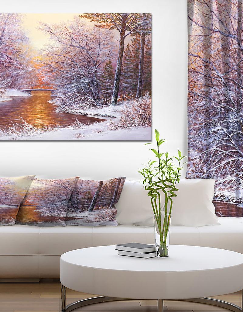 DesignQ Winter Landscape with River - Landscapes Painting Print on Wrapped Canvas