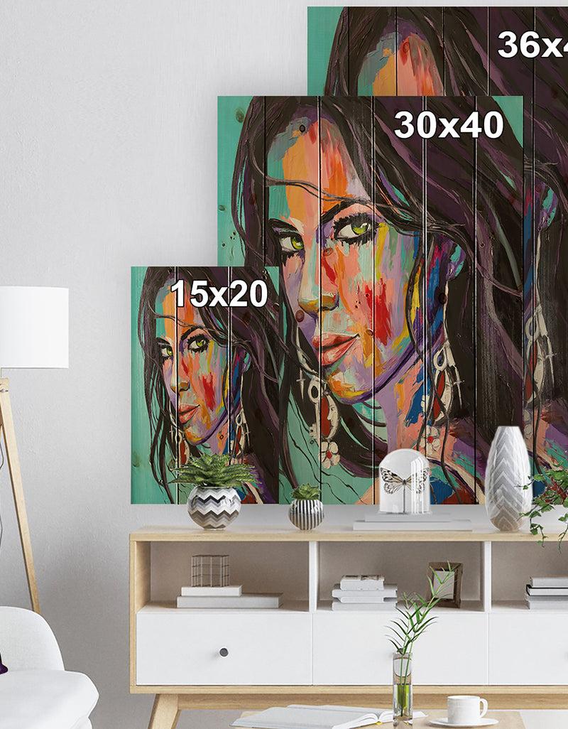 DesignQ Woman Portrait Be Careful - Glamour Painting Print On Natural Pine Wood