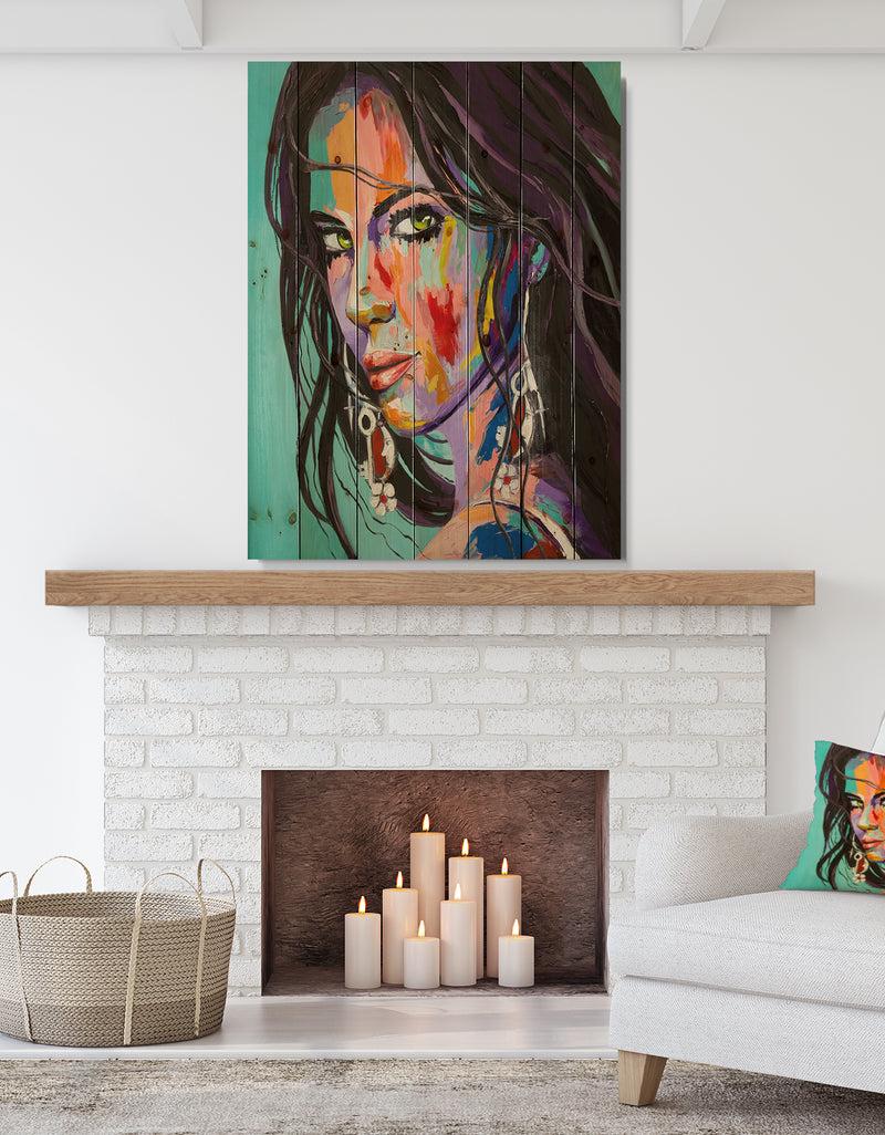 DesignQ Woman Portrait Be Careful - Glamour Painting Print on Natural Pine Wood