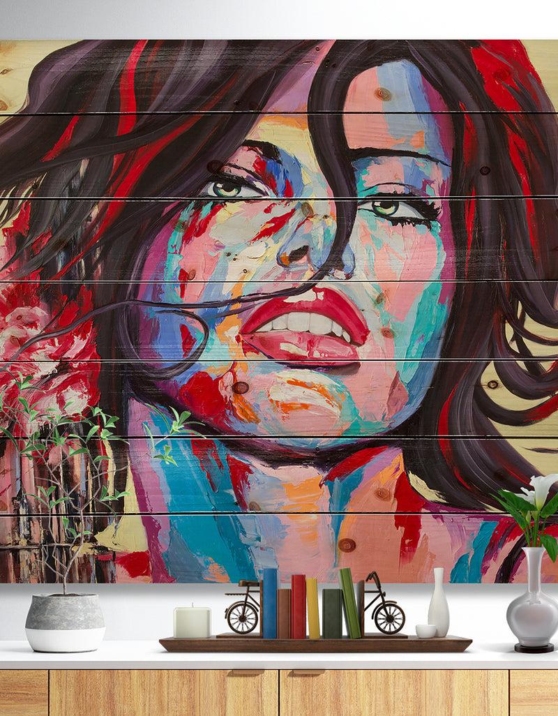 DesignQ Woman Portrait Strawberry & cream - Glamour Painting Print on Natural Pine Wood