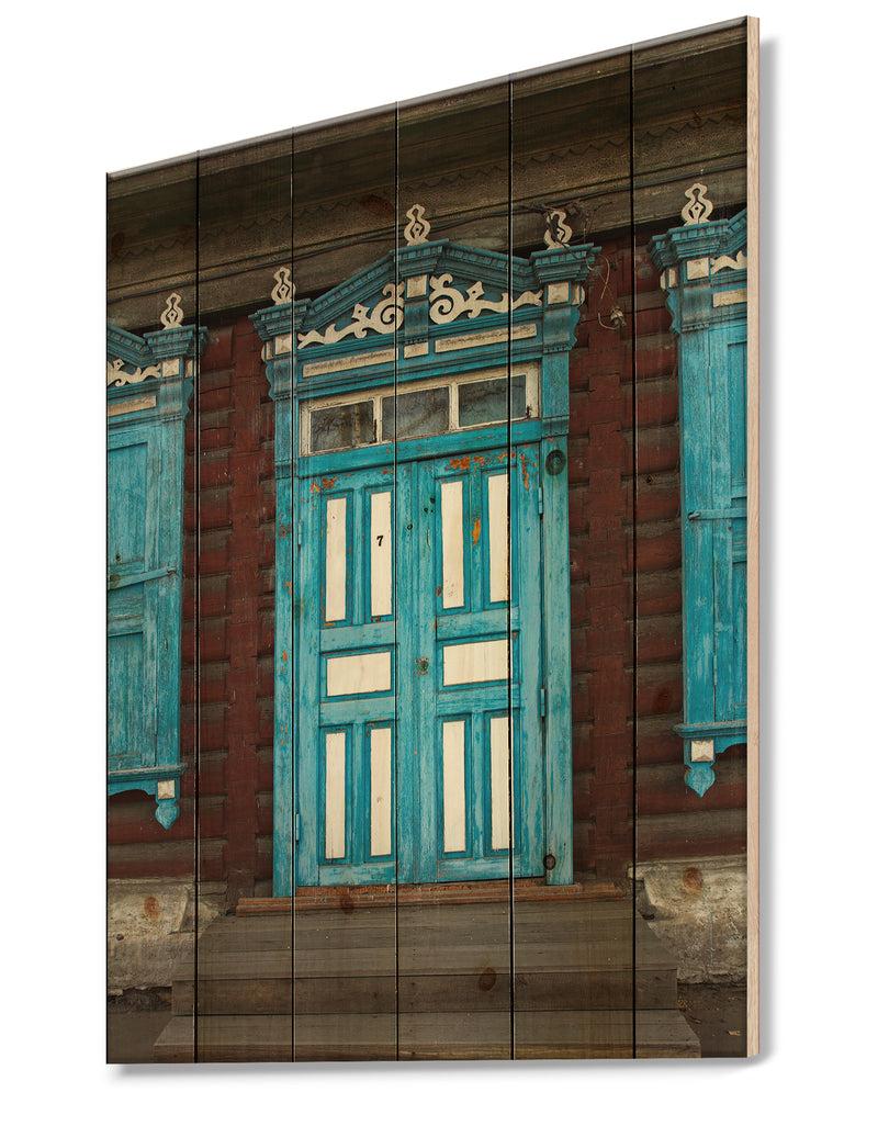 DesignQ Wood Carvings On Wooden House Door - Vintage Print On Natural Pine Wood
