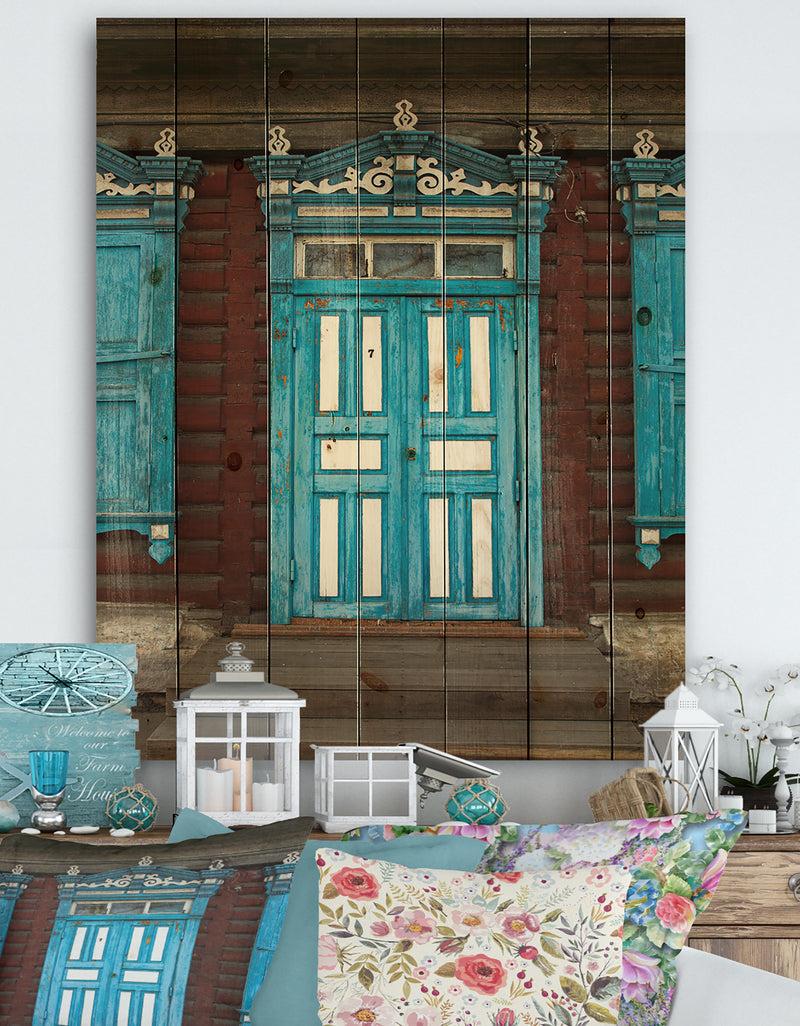 DesignQ Wood Carvings On Wooden House Door - Vintage Print on Natural Pine Wood