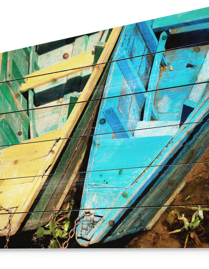 DesignQ Wooden Boats On Lake Phewa - Boat Print On Natural Pine Wood