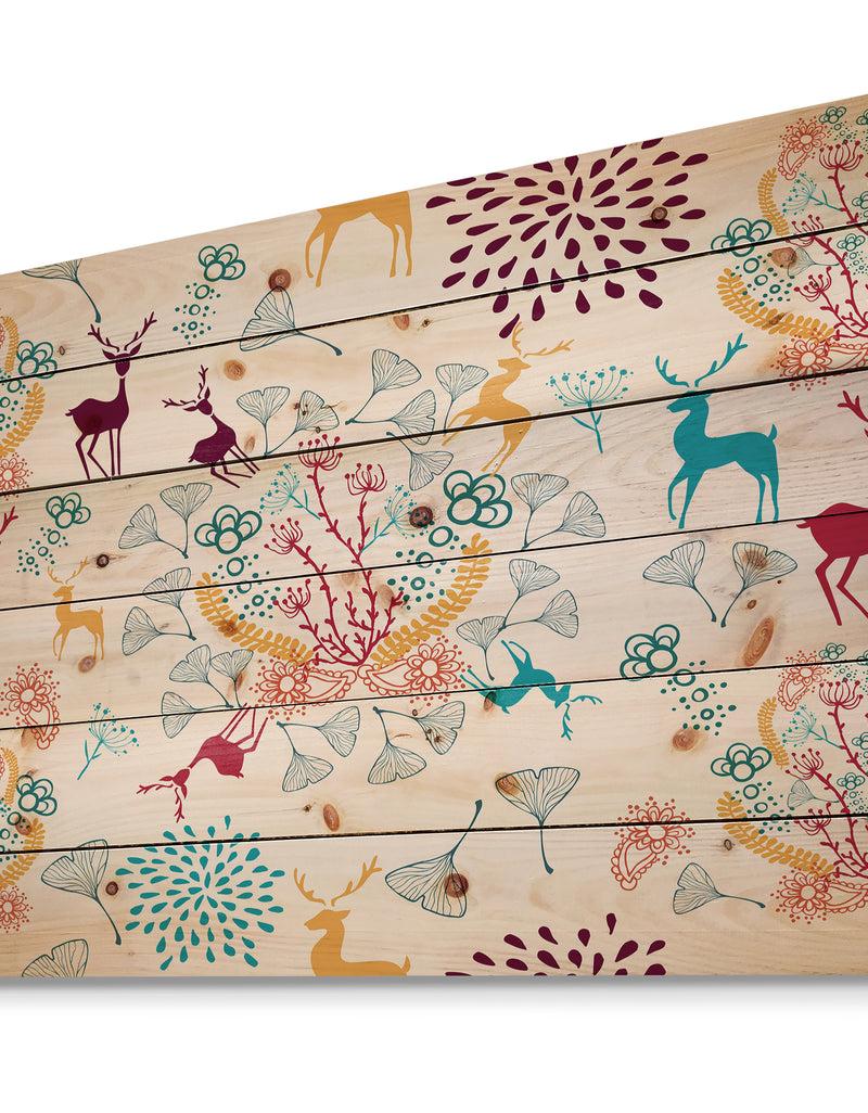DesignQ Yellow Blue Brown Reindeer Christmas Pattern - Print On Natural Pine Wood
