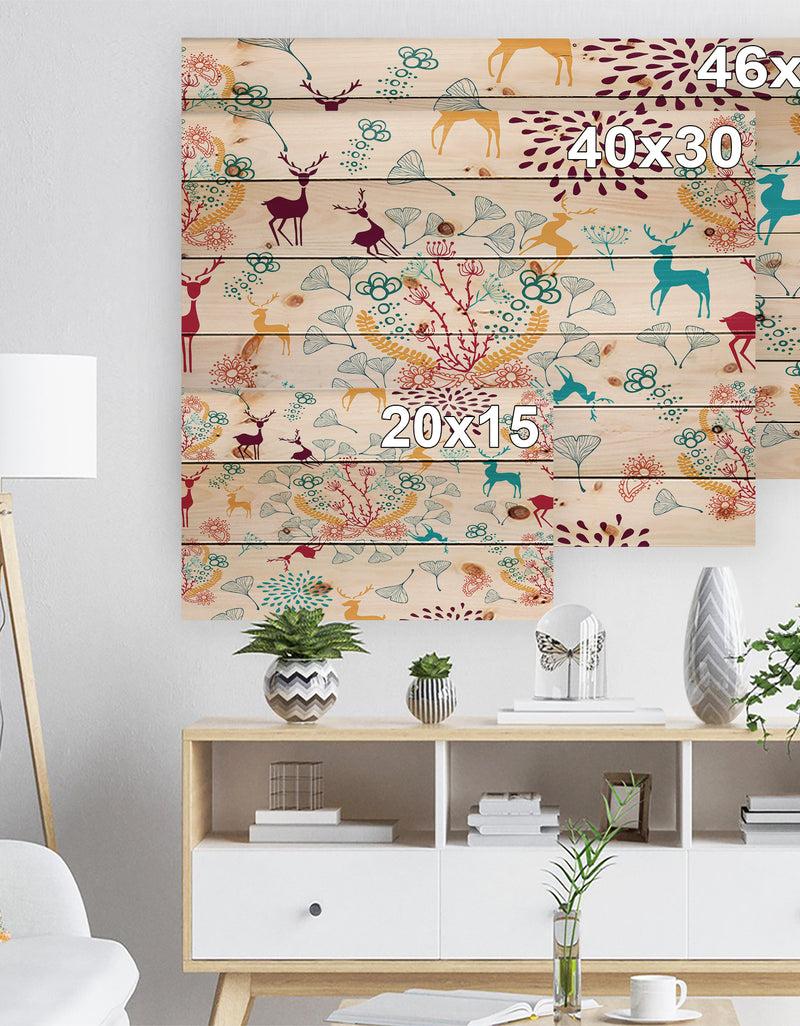 DesignQ Yellow Blue Brown Reindeer Christmas Pattern - Print On Natural Pine Wood