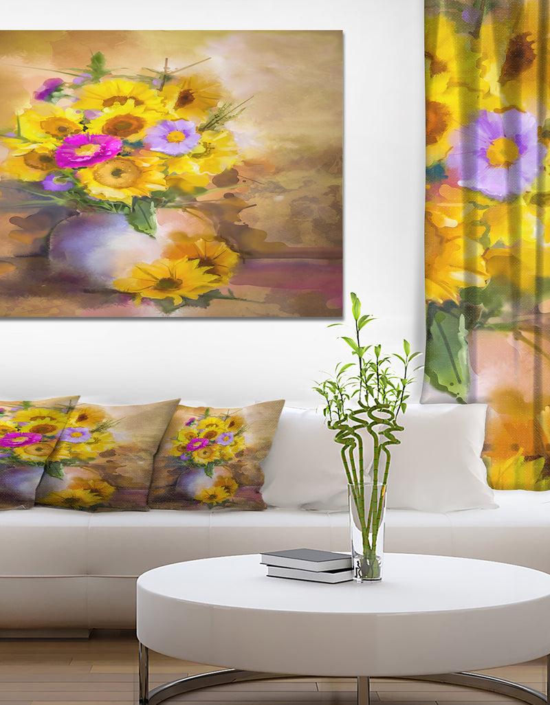 DesignQ Yellow Sunflower And Violet Aster Flowers - Extra Large Floral Wall Art