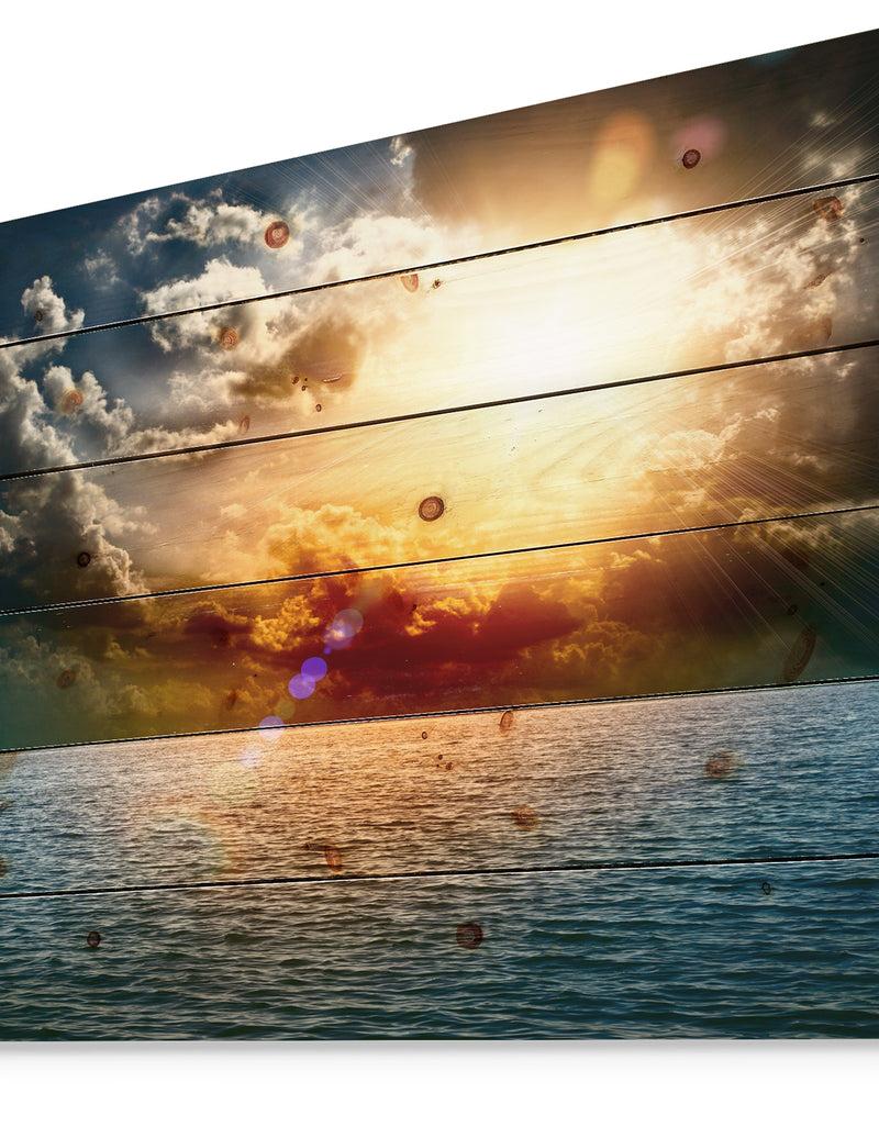 DesignQ Yellow Sunset In The Middle Of Ocean - Beach Photo Print On Natural Pine Wood