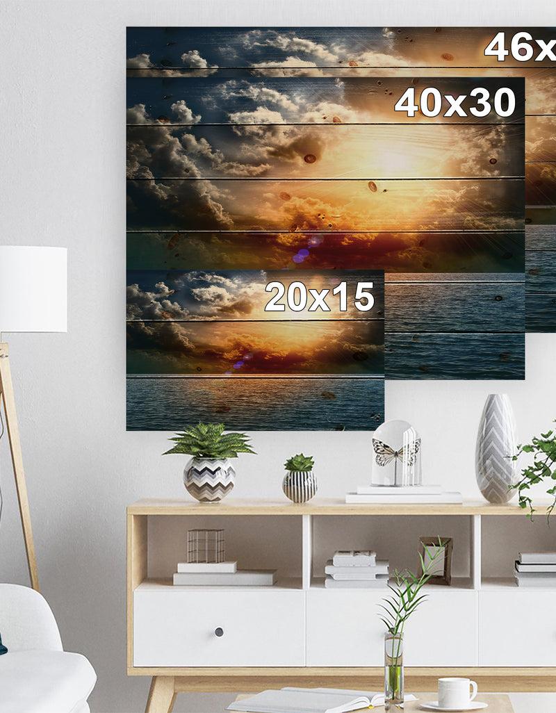 DesignQ Yellow Sunset In The Middle Of Ocean - Beach Photo Print On Natural Pine Wood