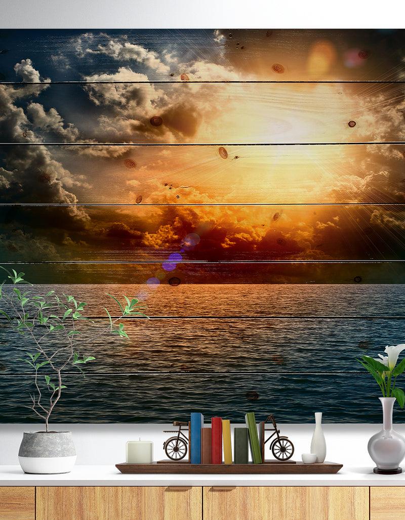DesignQ Yellow Sunset in the Middle of Ocean - Beach Photo Print on Natural Pine Wood