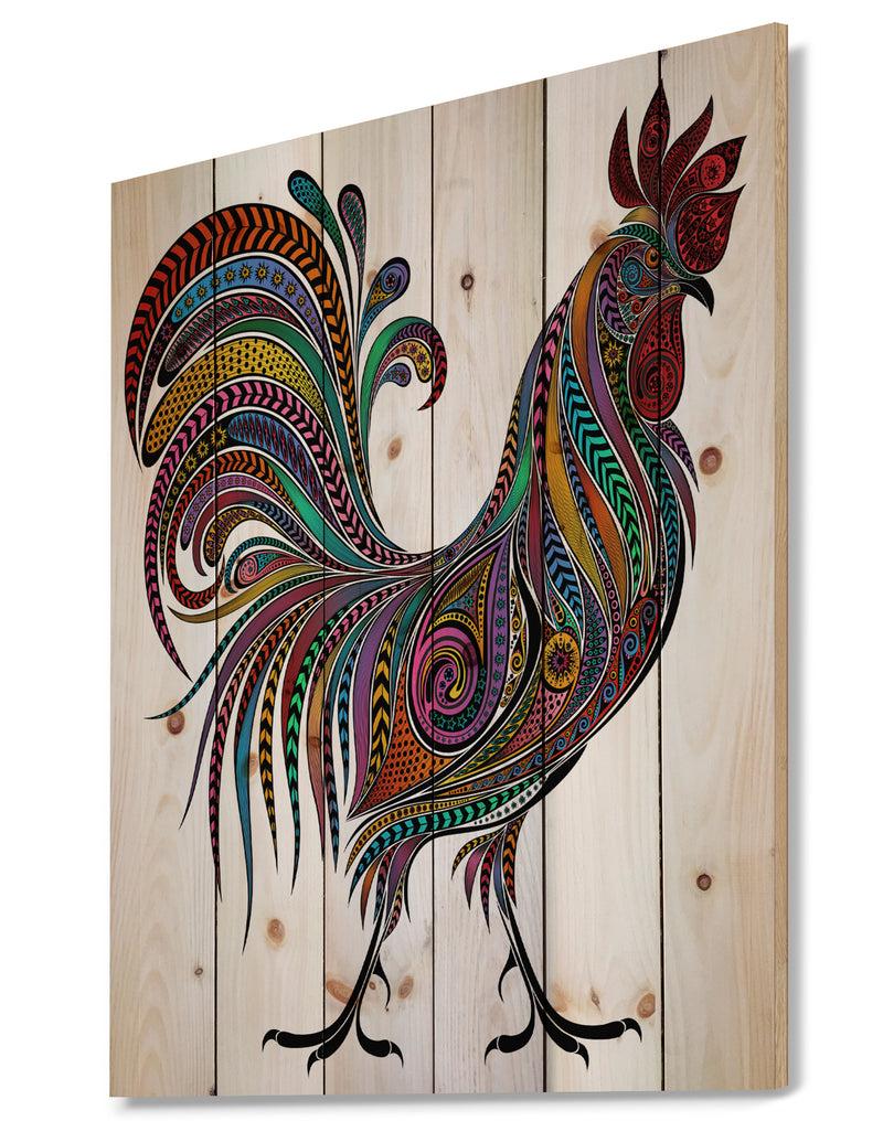 DesignQ 2017 Colored Patterns Rooster - Farmhouse Animal Painting Print On Natural Pine Wood