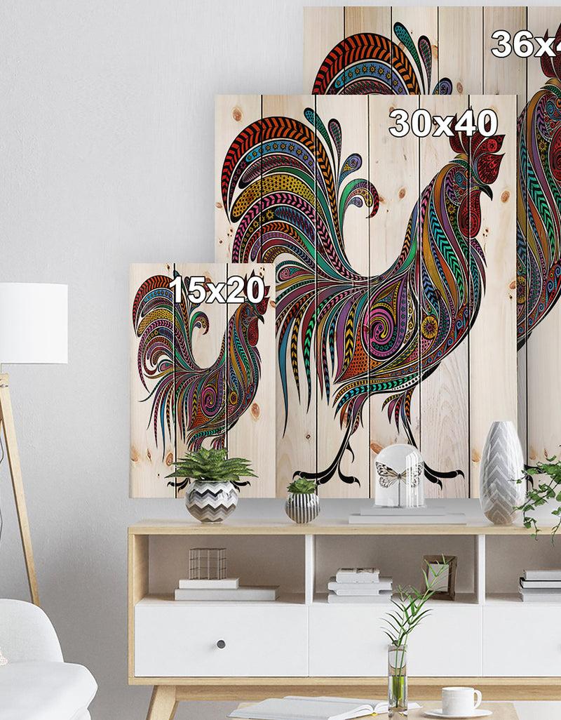 DesignQ 2017 Colored Patterns Rooster - Farmhouse Animal Painting Print On Natural Pine Wood