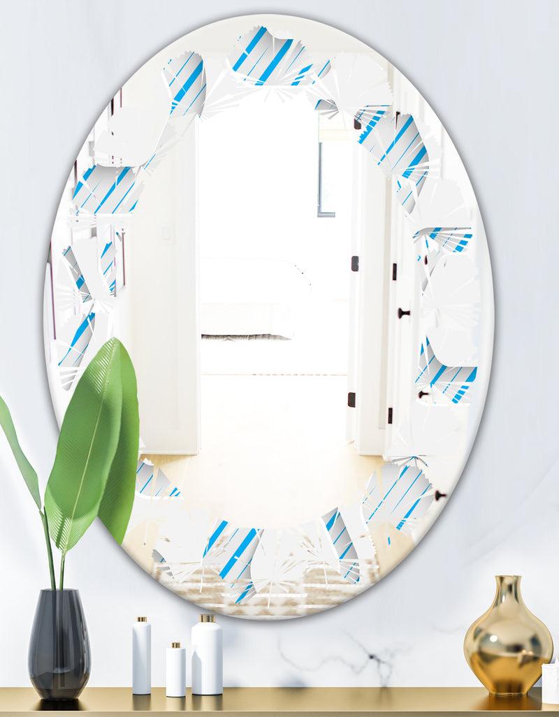 DesignQ 3D White And Blue Pattern IV - Modern Round Or Oval Wall Mirror - Leaves