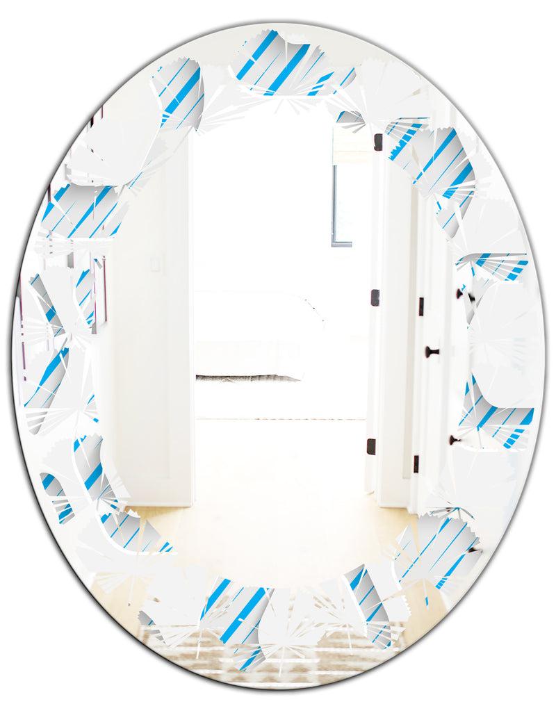 DesignQ 3D White And Blue Pattern IV - Modern Round Or Oval Wall Mirror - Leaves