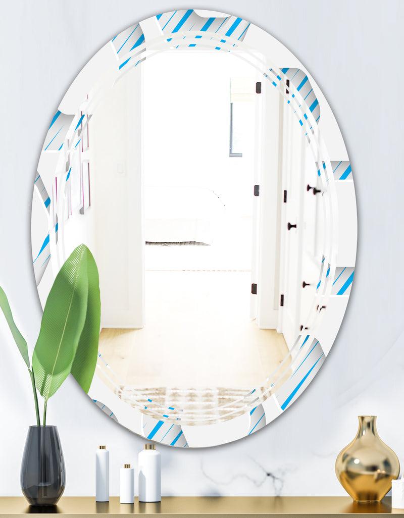 DesignQ 3D White And Blue Pattern IV - Modern Round Or Oval Wall Mirror - Triple C