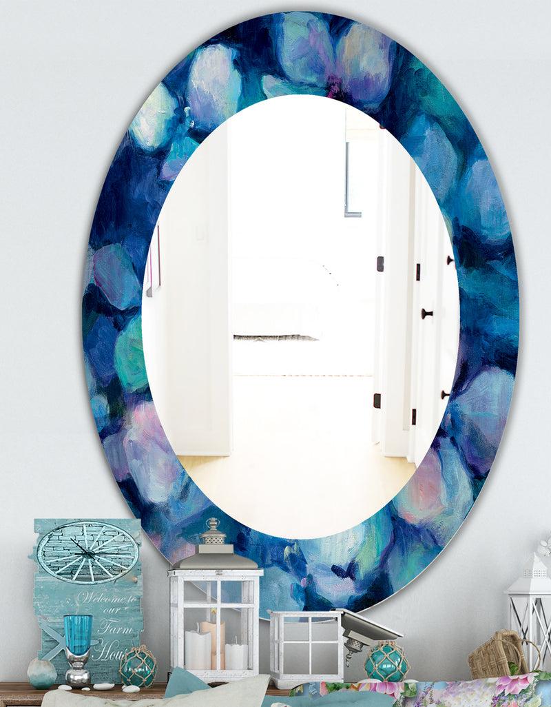 DesignQ Abstract Blue Flower Petals - Farmhouse Mirror - Frameless Oval Or Round Wall Mirror