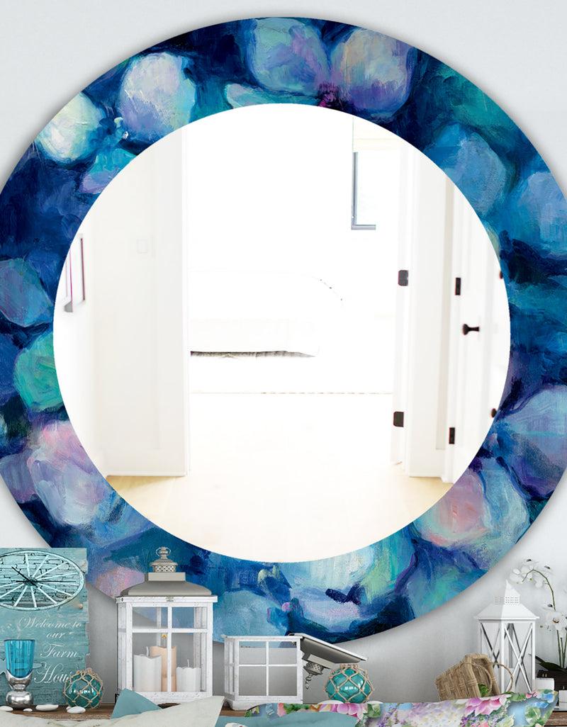 DesignQ Abstract Blue Flower Petals - Farmhouse Mirror - Frameless Oval or Round Wall Mirror