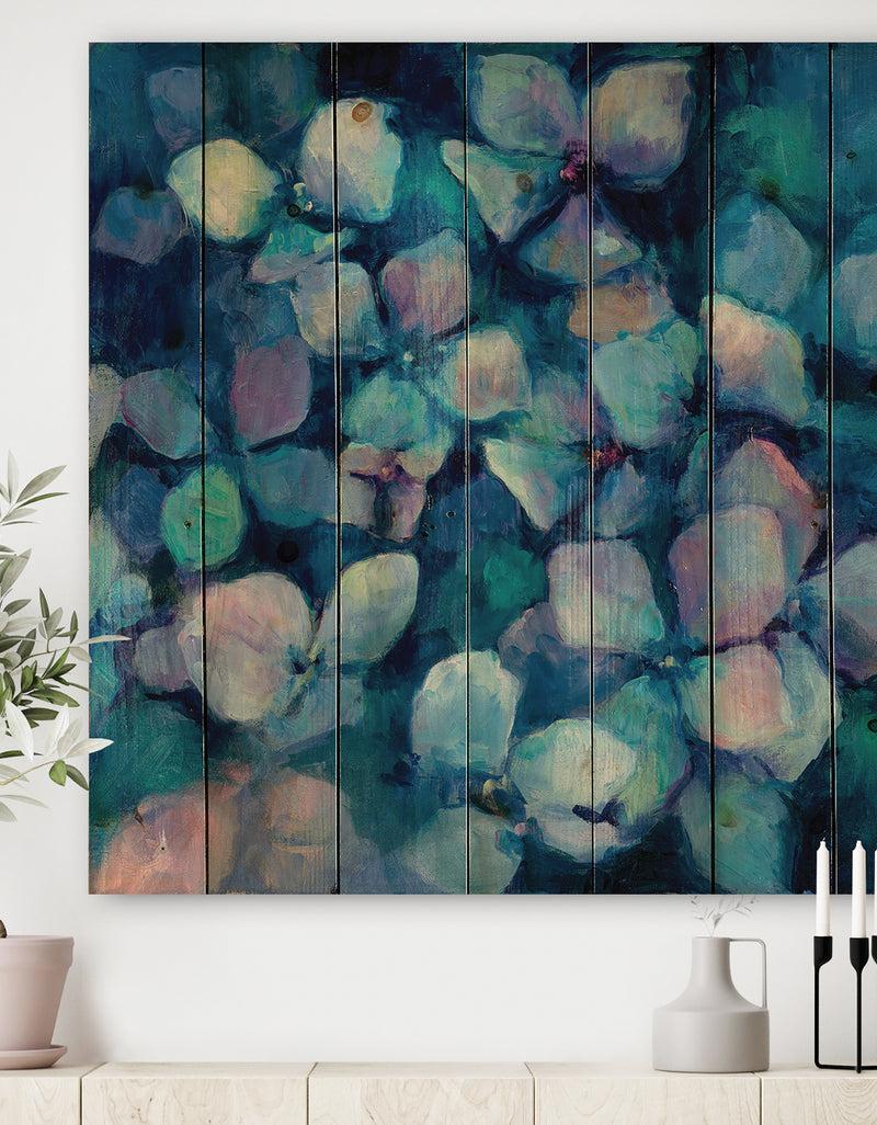 DesignQ Abstract Blue Flower Petals - Traditional Print on Natural Pine Wood