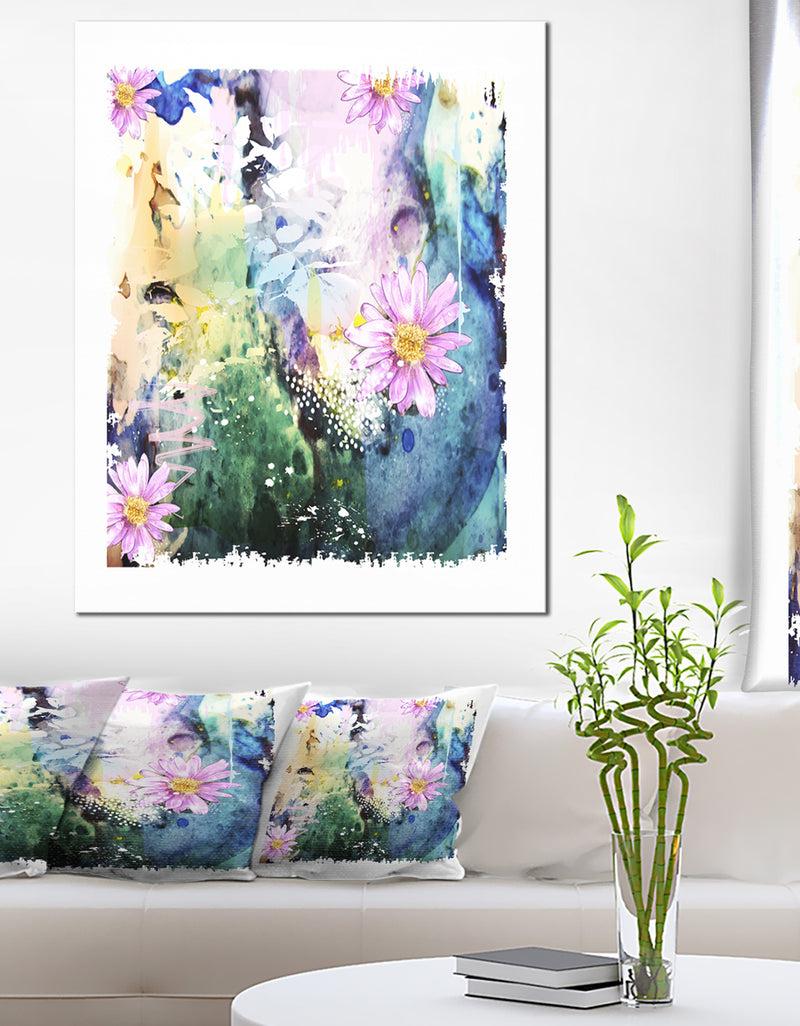 DesignQ Abstract Blue Pink Floral Art - Floral Canvas Art Print