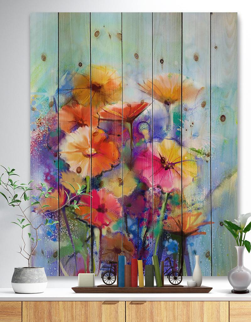 DesignQ Abstract Floral Watercolor Painting - Floral Print on Natural Pine Wood