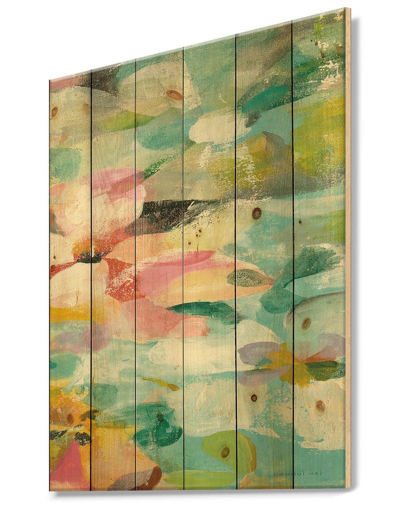 DesignQ Abstract Flowers In Blue And Pink - Cabin & Lodge Print On Natural Pine Wood