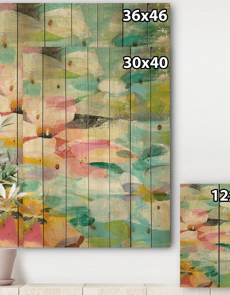 DesignQ Abstract Flowers In Blue And Pink - Cabin & Lodge Print On Natural Pine Wood