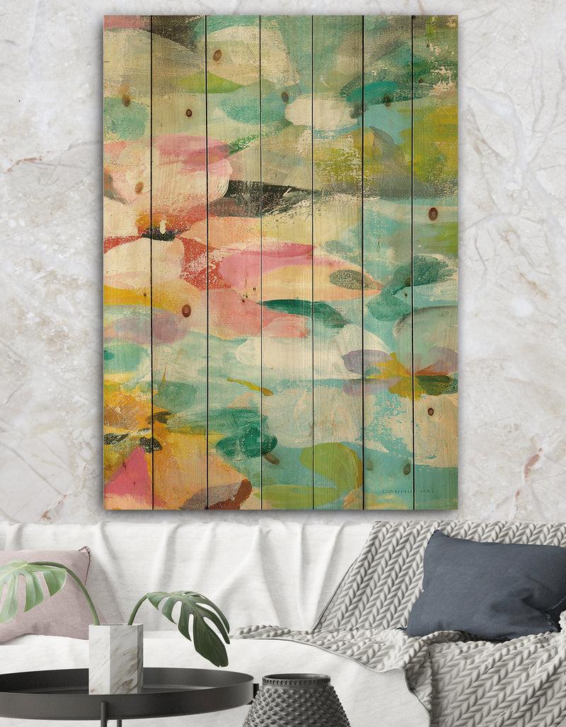 DesignQ Abstract Flowers in Blue and Pink - Cabin & Lodge Print on Natural Pine Wood