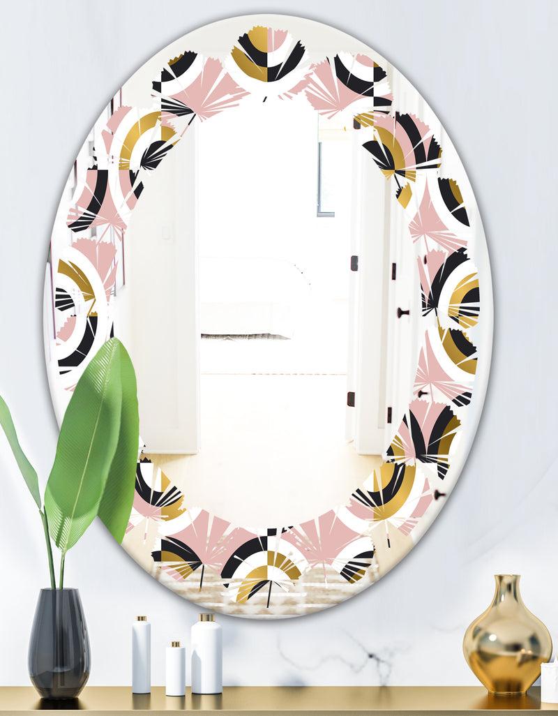 DesignQ Abstract Geometric Circular Retro I - Modern Round Or Oval Wall Mirror - Leaves
