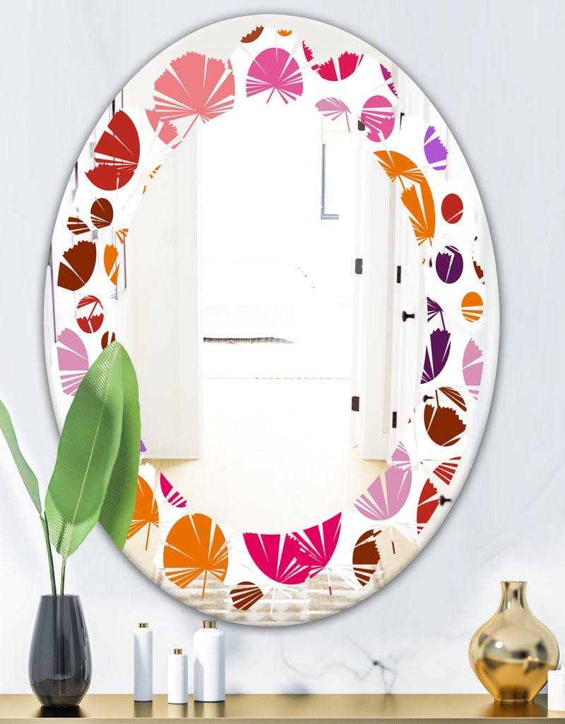 DesignQ Abstract Geometric Circular Retro II - Modern Round Or Oval Wall Mirror - Leaves