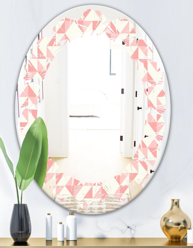 DesignQ Abstract Geometric Pattern Patchwork Quilting - Modern Round Or Oval Wall Mirror - Leaves