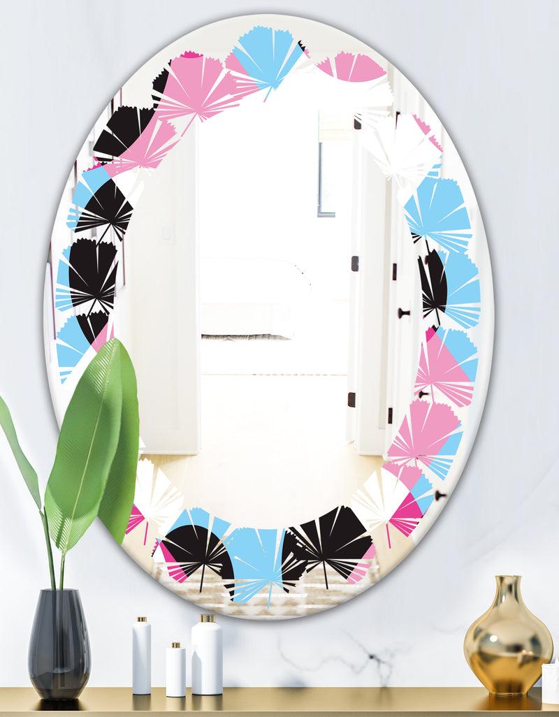DesignQ Abstract Geometric Retro I - Modern Round Or Oval Wall Mirror - Leaves