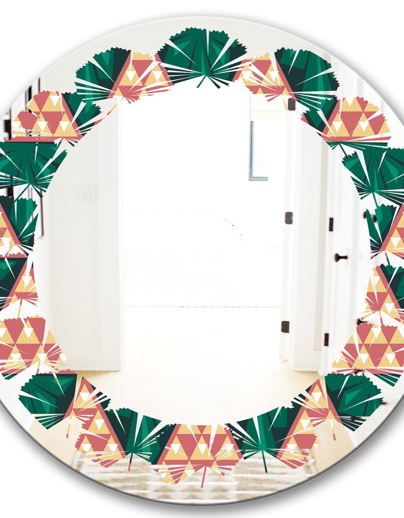 DesignQ Abstract Geometric Retro II - Modern Round Or Oval Wall Mirror - Leaves