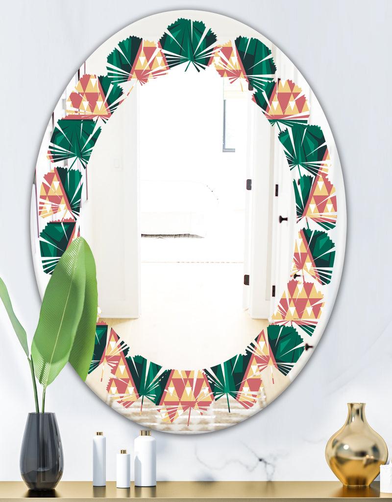 DesignQ Abstract Geometric Retro II - Modern Round Or Oval Wall Mirror - Leaves