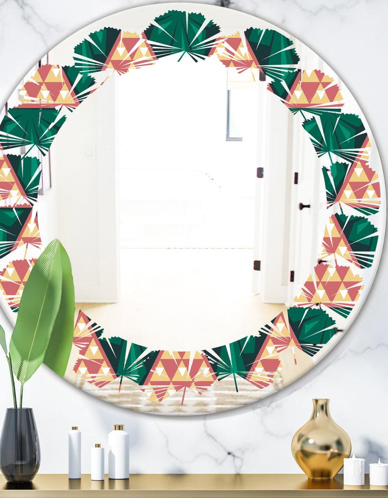 DesignQ Abstract Geometric Retro II - Modern Round or Oval Wall Mirror - Leaves