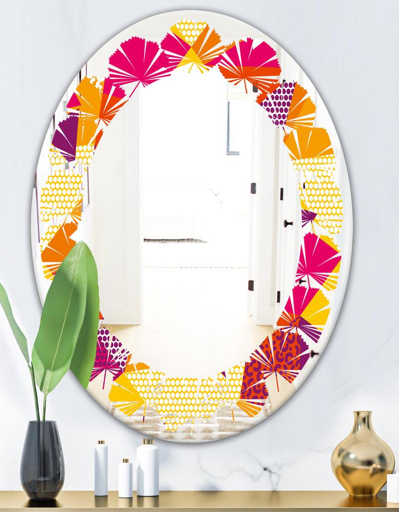 DesignQ Abstract Geometric Retro III - Modern Round Or Oval Wall Mirror - Leaves