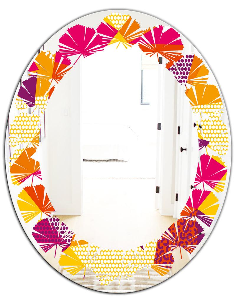 DesignQ Abstract Geometric Retro III - Modern Round Or Oval Wall Mirror - Leaves