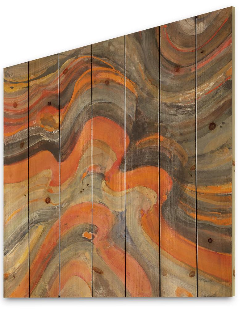 DesignQ Abstract Gilded Orange Waves - Contemporary Print On Natural Pine Wood