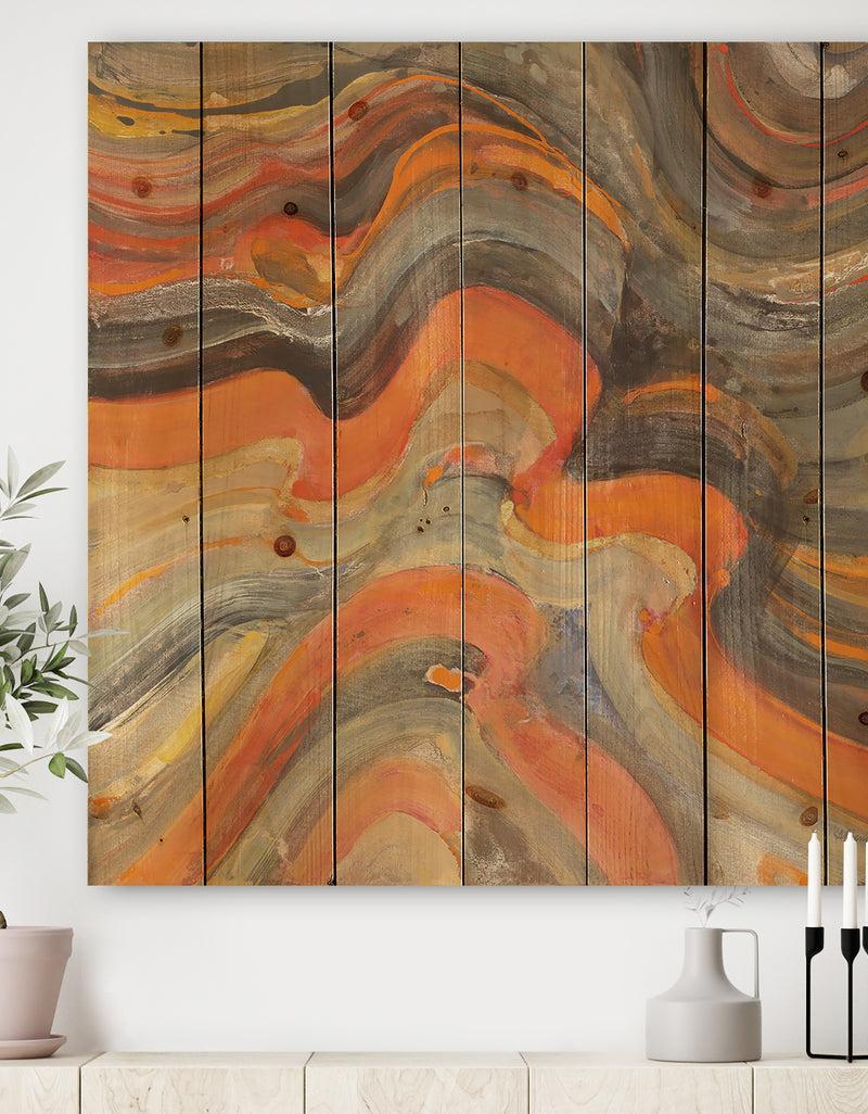 DesignQ Abstract Gilded Orange Waves - Contemporary Print on Natural Pine Wood