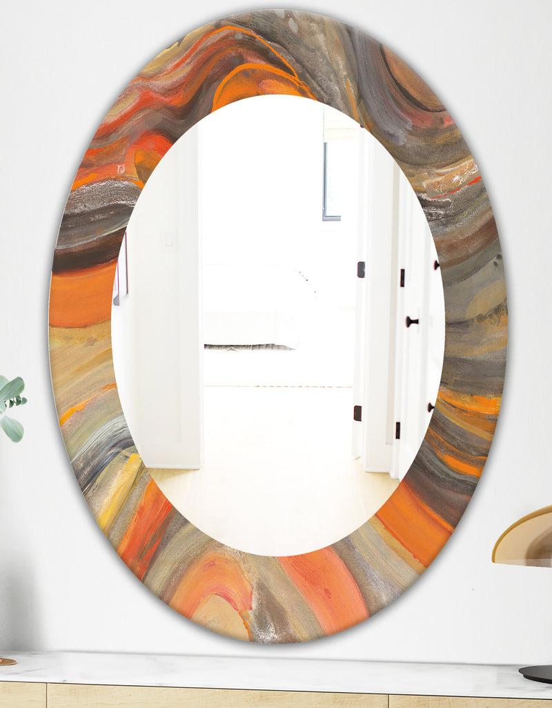 DesignQ Abstract Gilded Orange Waves - Modern Mirror - Frameless Oval Or Round Wall Mirror