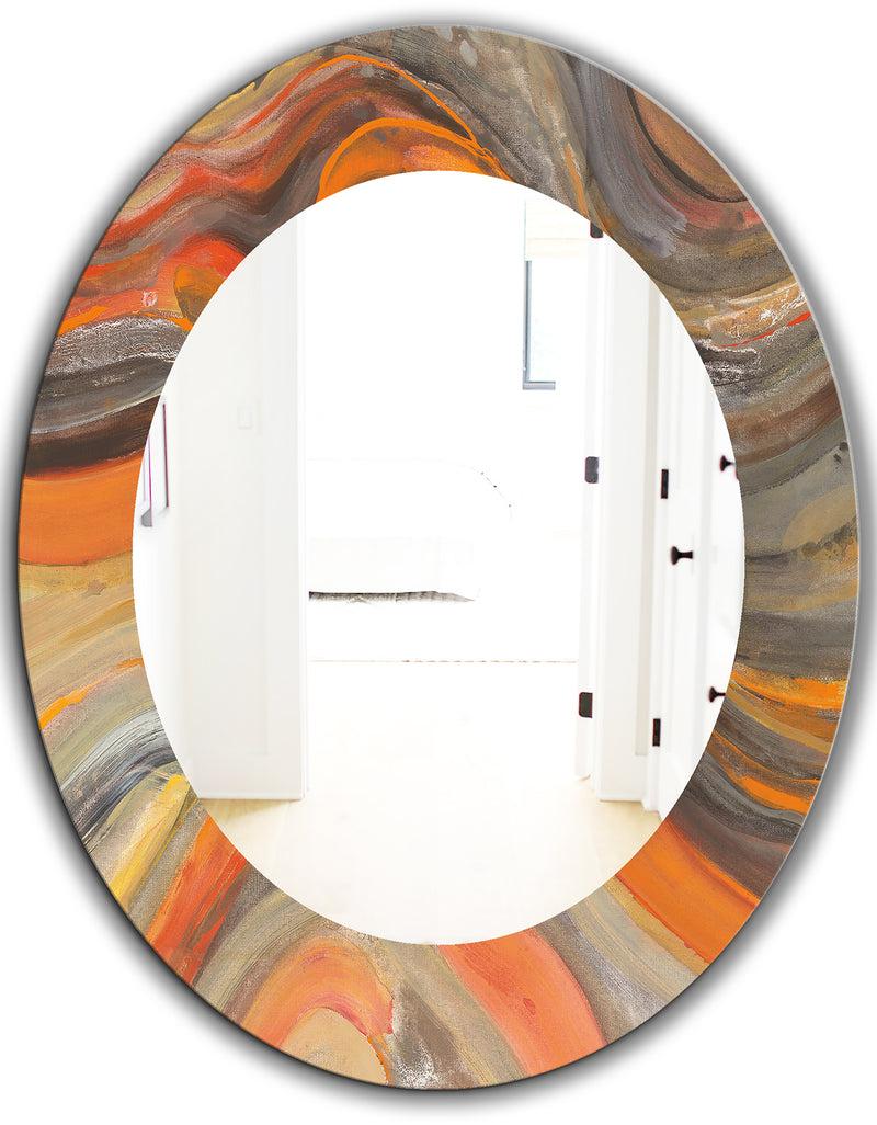 DesignQ Abstract Gilded Orange Waves - Modern Mirror - Frameless Oval Or Round Wall Mirror