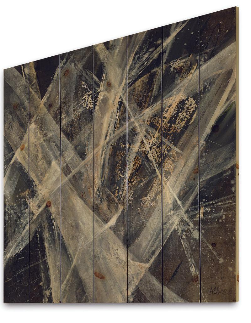 DesignQ Abstract Glacial Black And White Painting - Mid-Century Modern Print On Natural Pine Wood