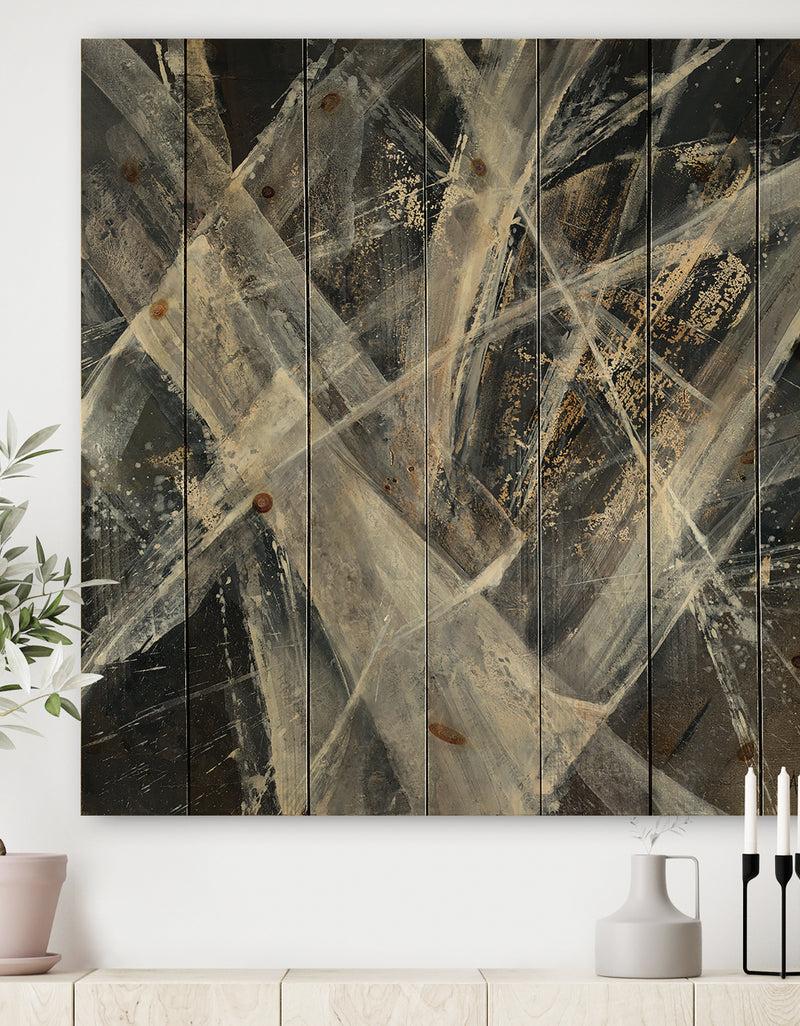 DesignQ Abstract Glacial Black and White Painting - Mid-Century Modern Print on Natural Pine Wood