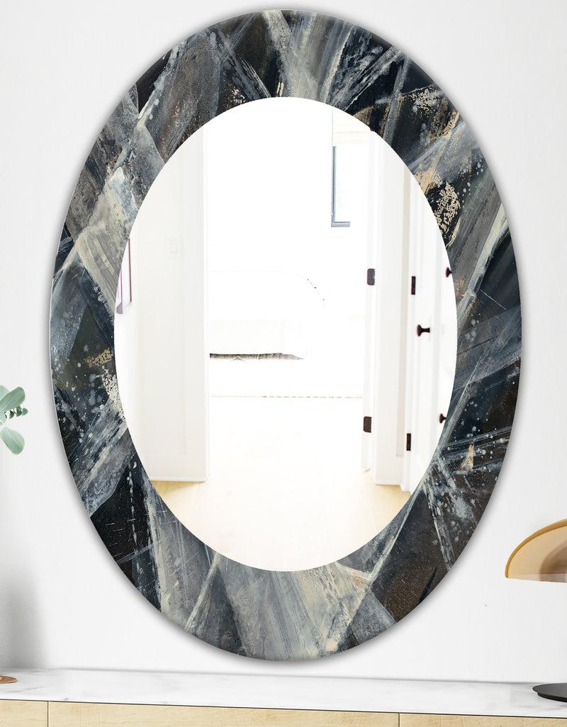 DesignQ Abstract Glacial Black And White Painting - Mid-Century Mirror - Oval Or Round Wall Mirror