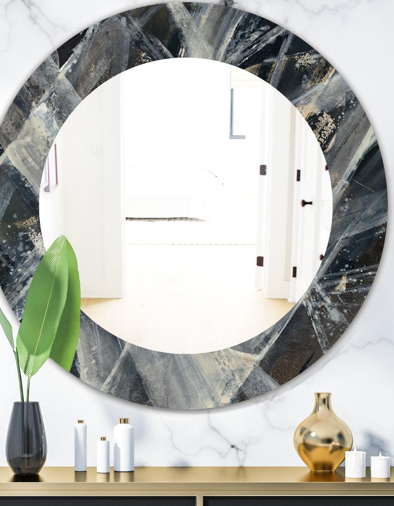DesignQ Abstract Glacial Black and White Painting - Mid-Century Mirror - Oval or Round Wall Mirror
