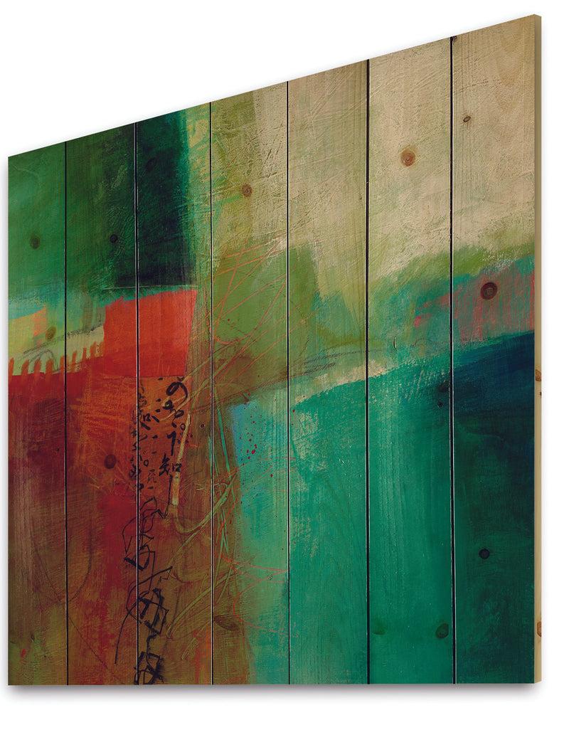 DesignQ Abstract Impression Of Watercolor Blue And Red - Contemporary Print On Natural Pine Wood